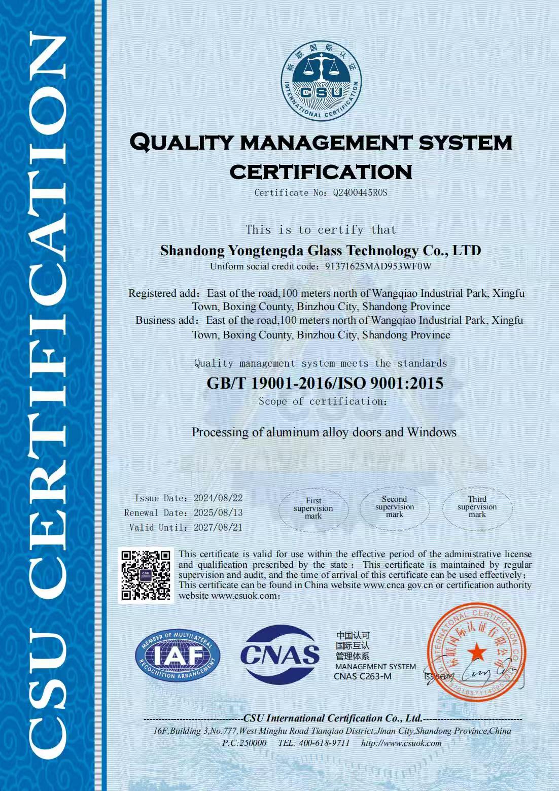 ISO 9001:2015 certificate issued to Shandong Yongtengda Glass Technology Co., Ltd