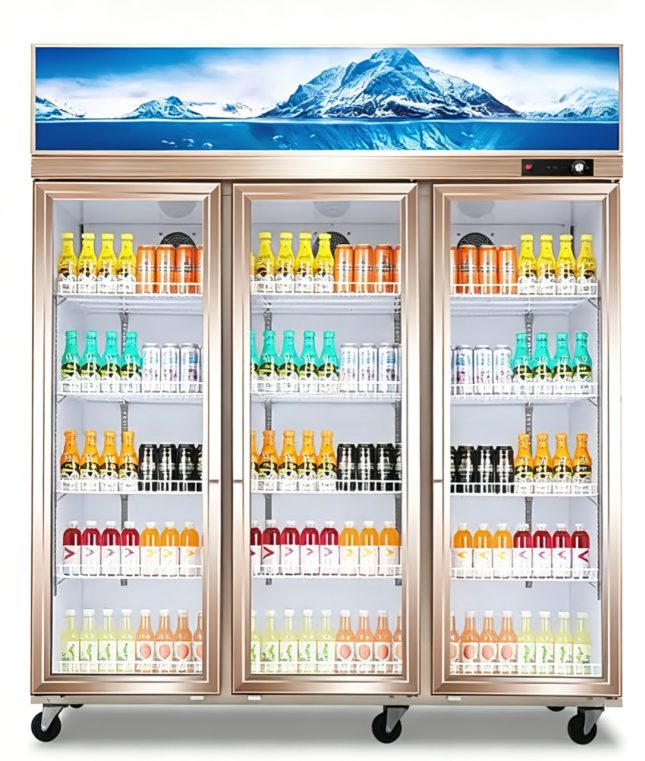 Illuminated advertising glass door on a three-door display cooler