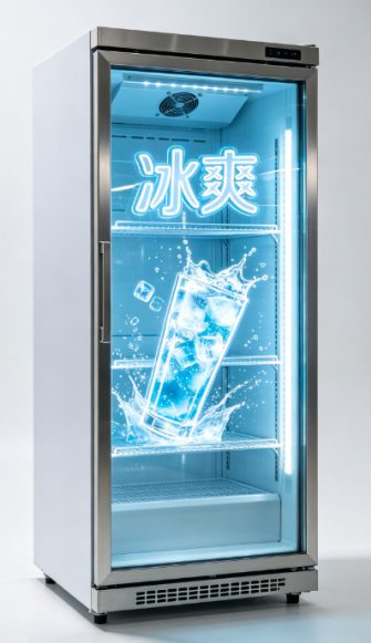 Advertising glass door with illuminated header panel