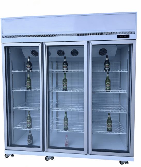Square-corner aluminum frame glass door — three-door upright cooler