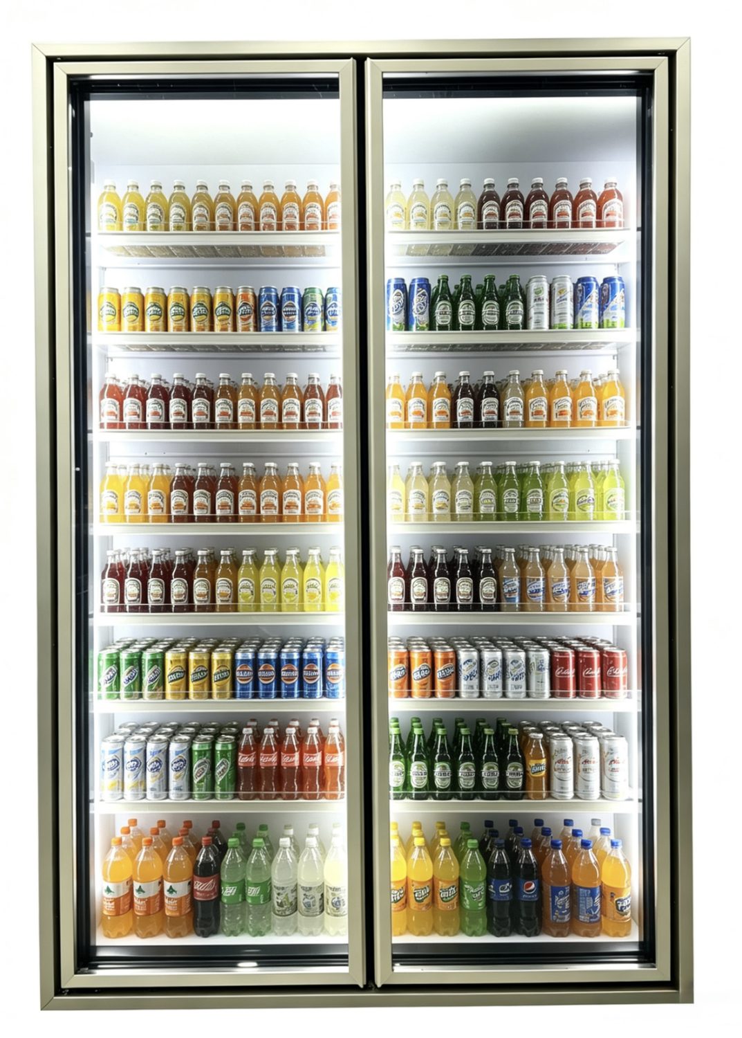 Ultra-slim aluminum frame glass doors on a stocked two-door display cooler