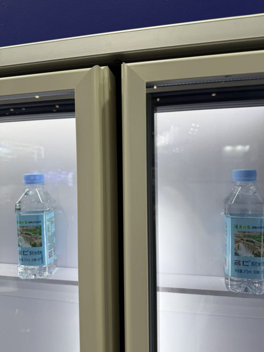 Ultra-slim aluminum frame glass door edge and interior shelf detail