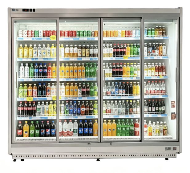 Ultra-slim aluminum frame glass doors on a three-door display cooler