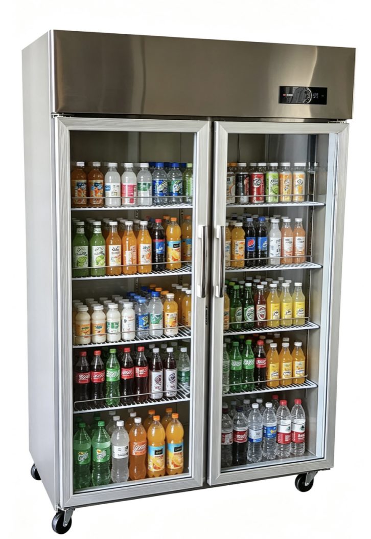 PVC frame glass doors on a two-door beverage cooler