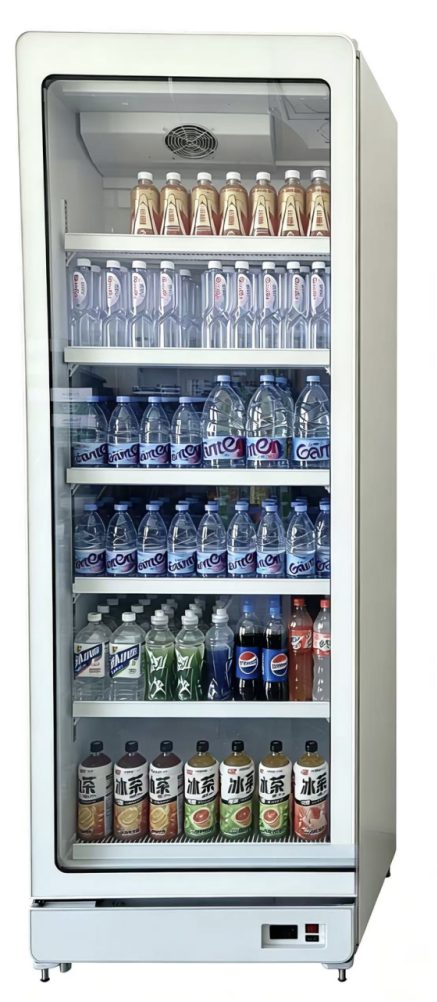 Round-corner glass door cooler with internal LED and beverage display