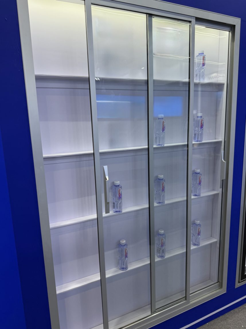 Sliding glass door cooler interior with track-mounted panels