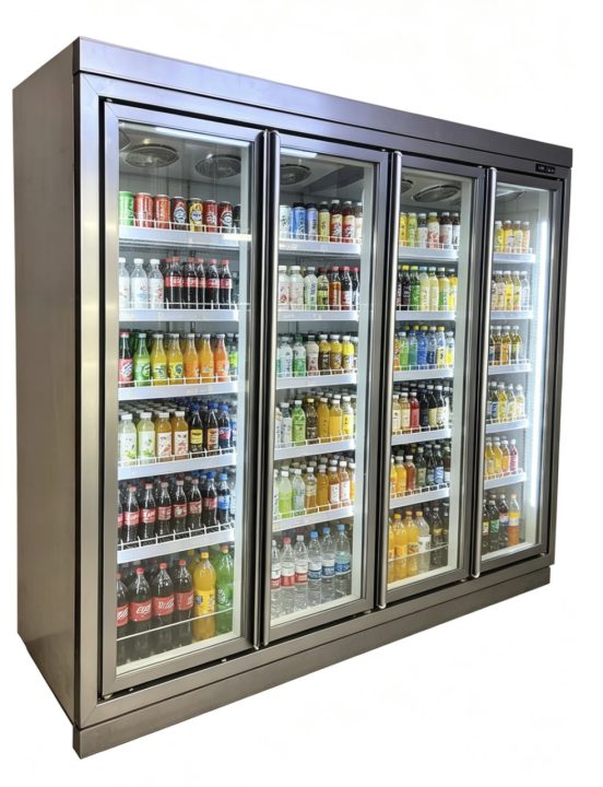 Stainless steel frame glass doors on a three-door display cooler