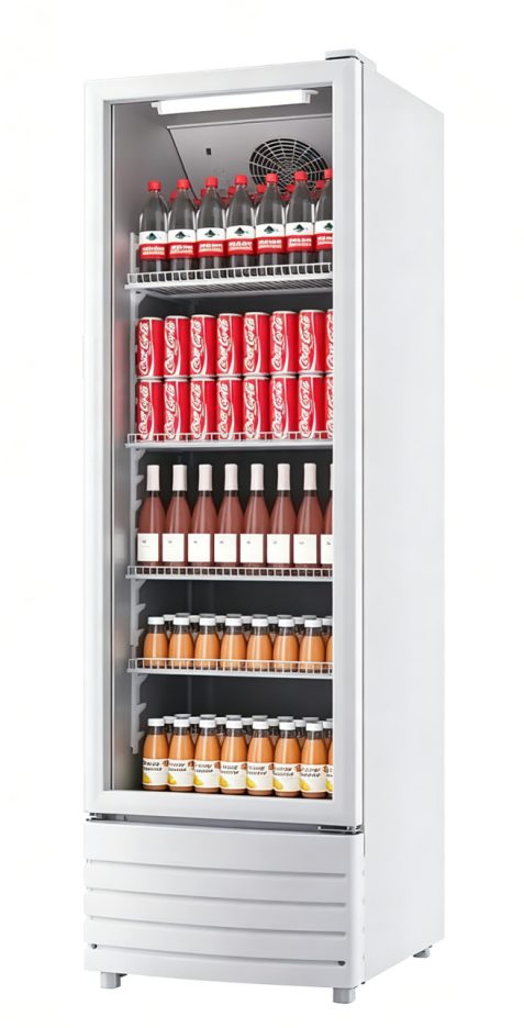 Stainless steel frame glass doors on a two-door beverage cooler