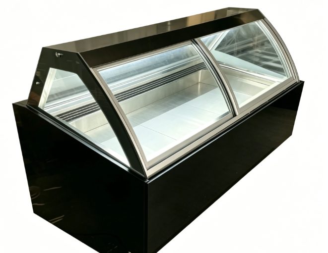 Curved glass display case with black base for chilled products